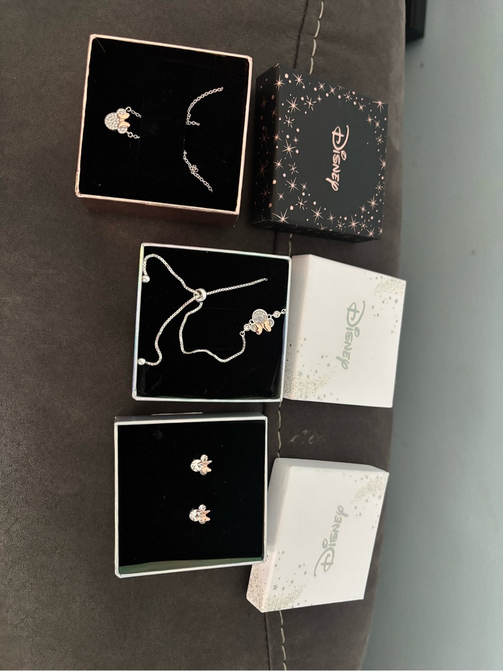 Disney Silver and Rose Gold Minnie Mouse Necklace with Matching Earrings